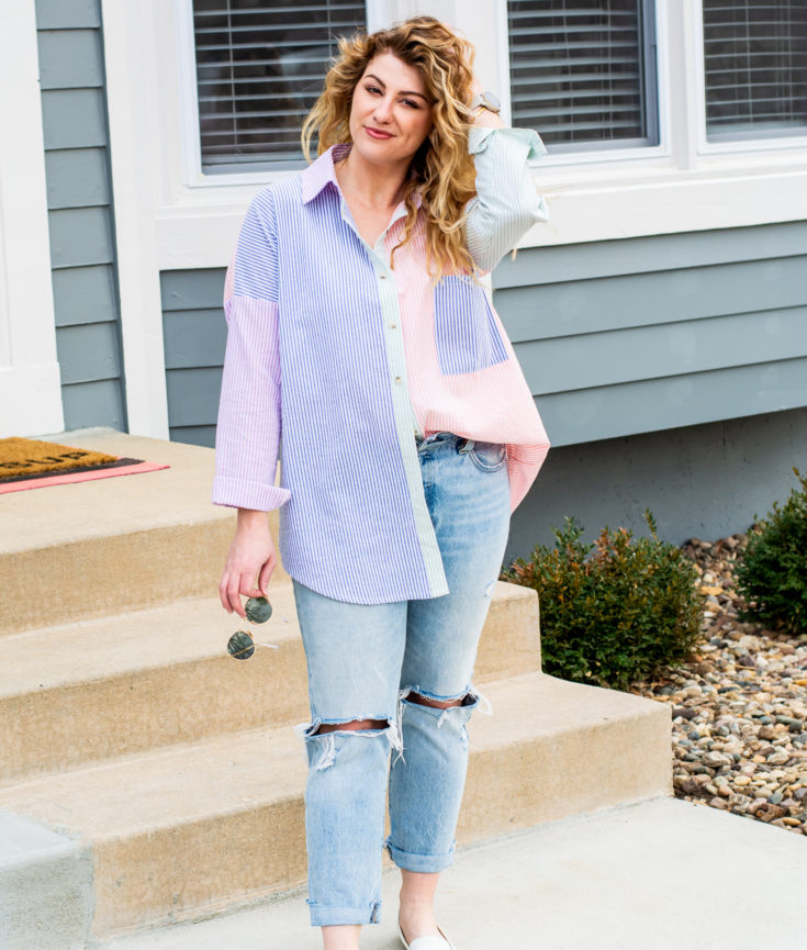 Color Block Pastel Button-up + White Loafers.