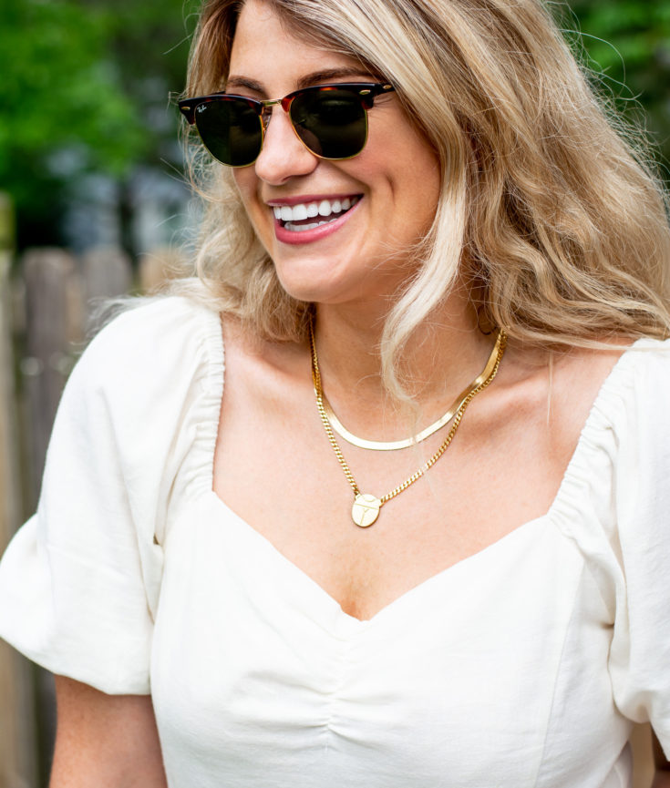 Cream Linen Blouse + Denim Shorts.