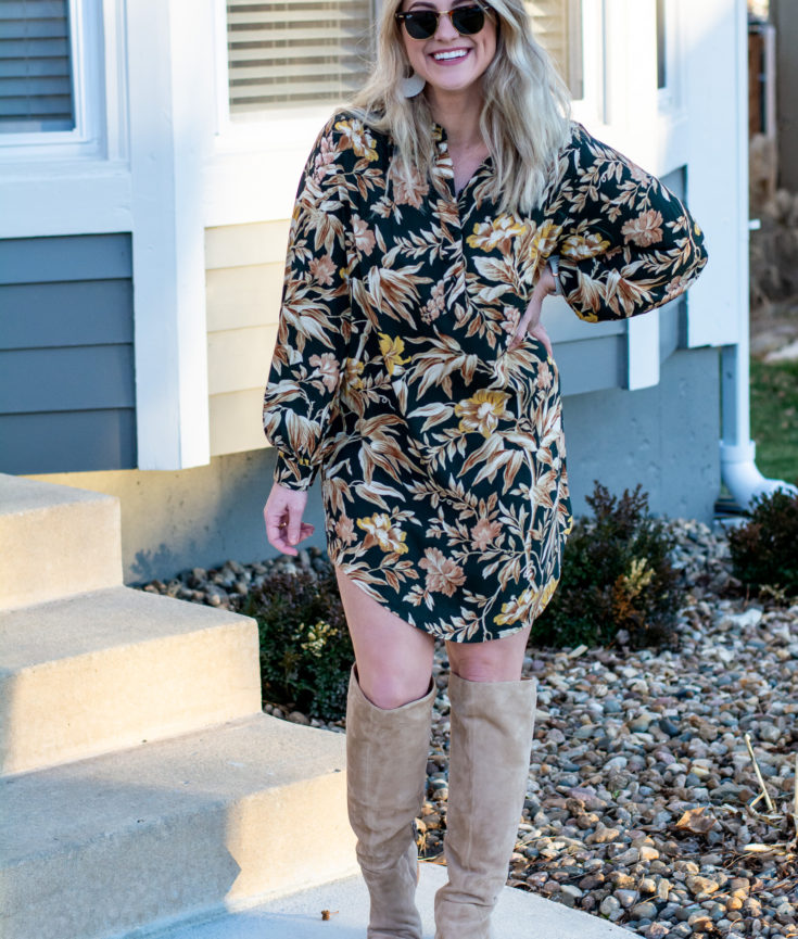 Winter Floral Dress + Tall Beige Boots.