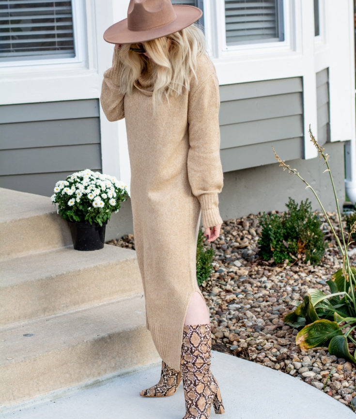 Oversized Sweater Dress + Snakeskin Boots.