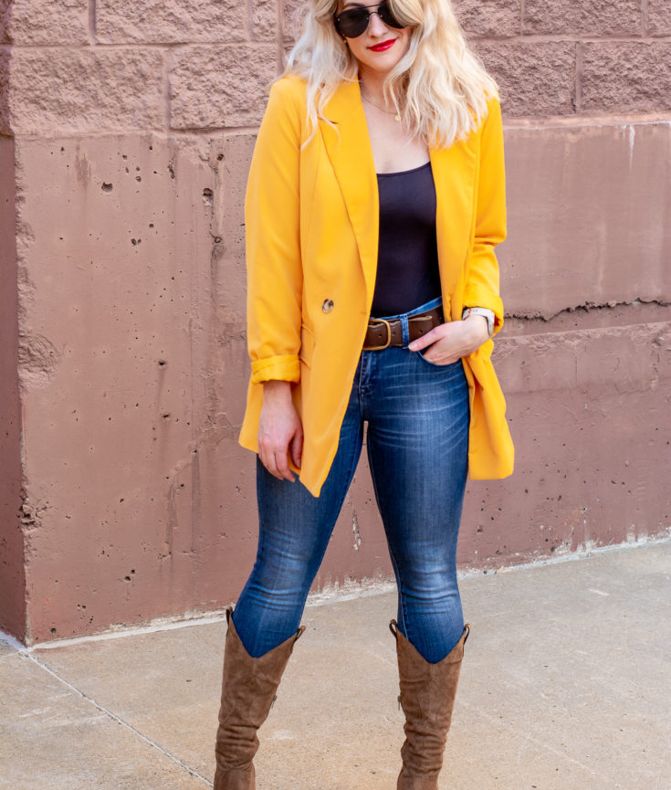 Mustard Blazer + Western Boots.