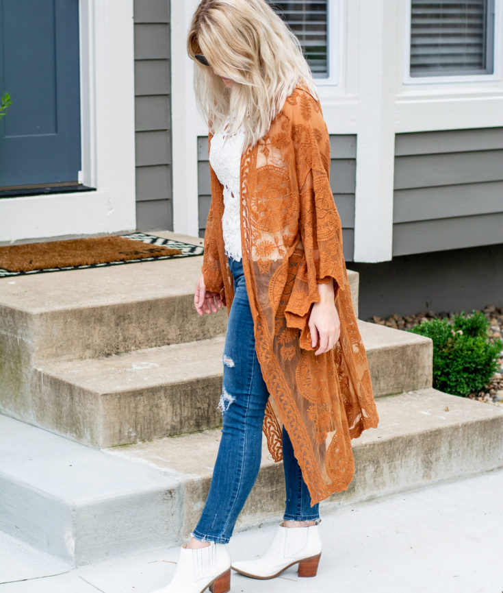 Pumpkin-colored Duster + White Booties.