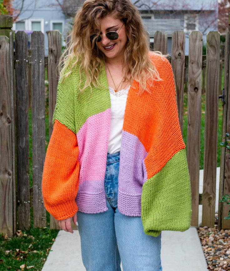 Color-block Cardigan with Dad Jeans and Sneakers.