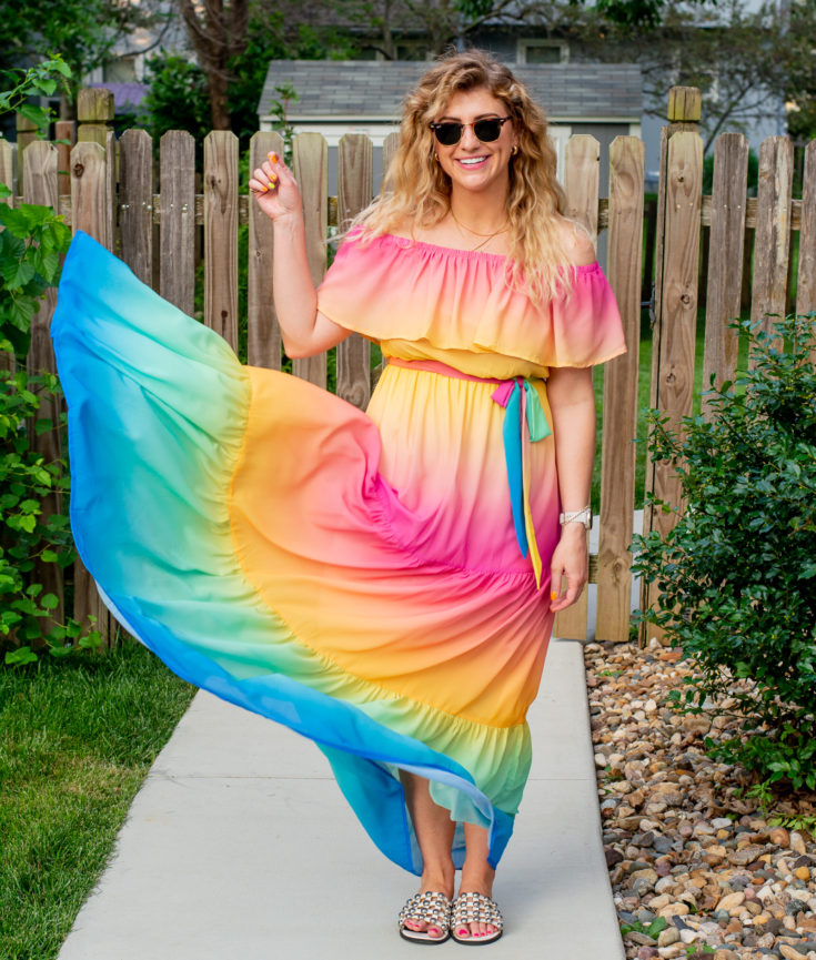 Rainbow Maxi Dress + Studded Sandals.