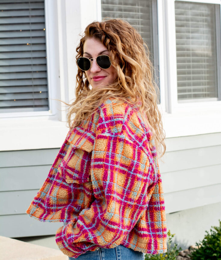 Bright Plaid Shacket for Winter and Nike Sneakers.