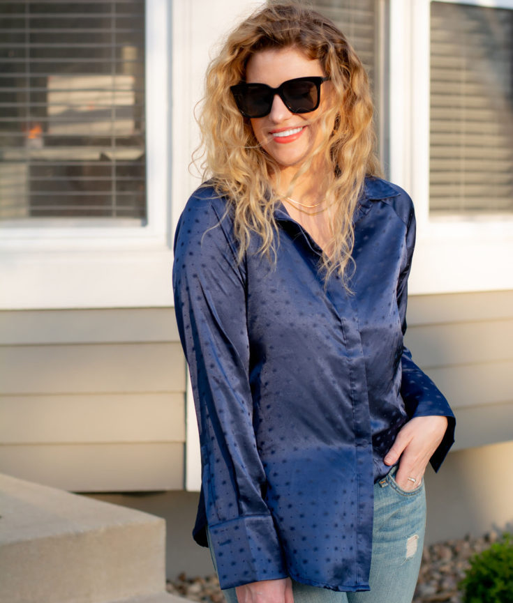 Satin Button-up Shirt + Boyfriend Jeans.