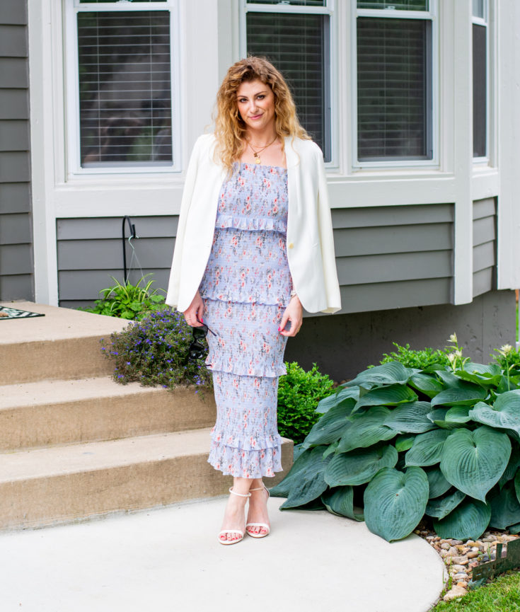Periwinkle Smocked Floral Midi Dress + White Blazer.
