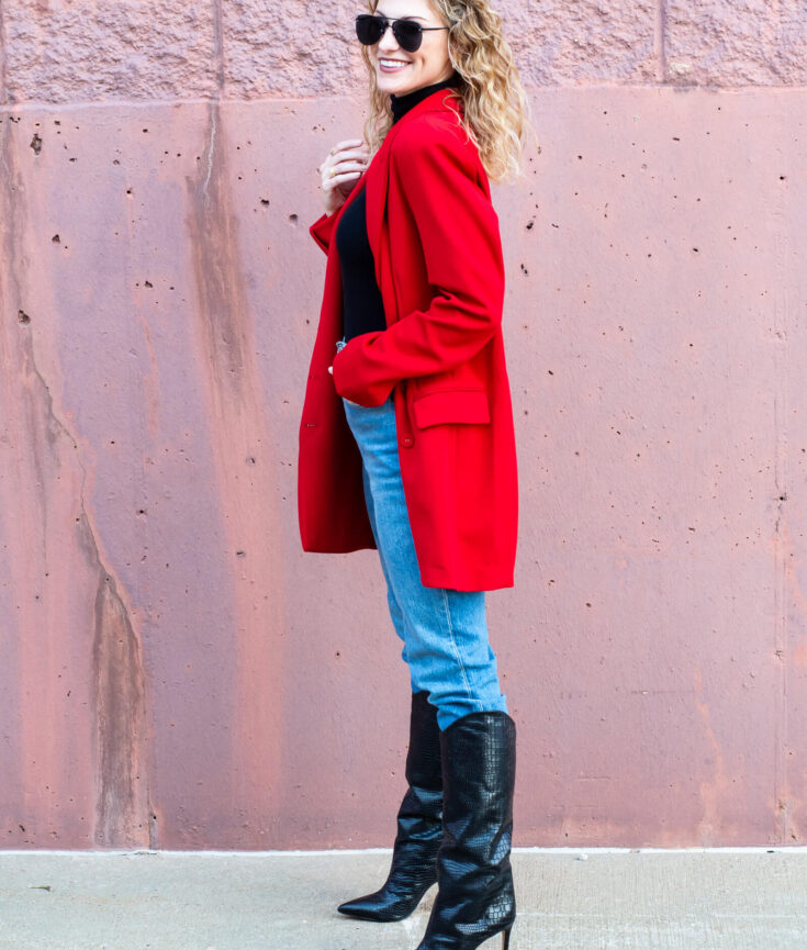 Cherry Red Blazer + Black Croc Stiletto Boots.