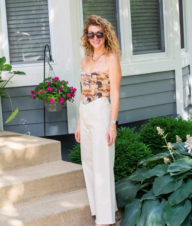 Fun Summer Neutrals: Horse Corset and Wide-leg Jeans.