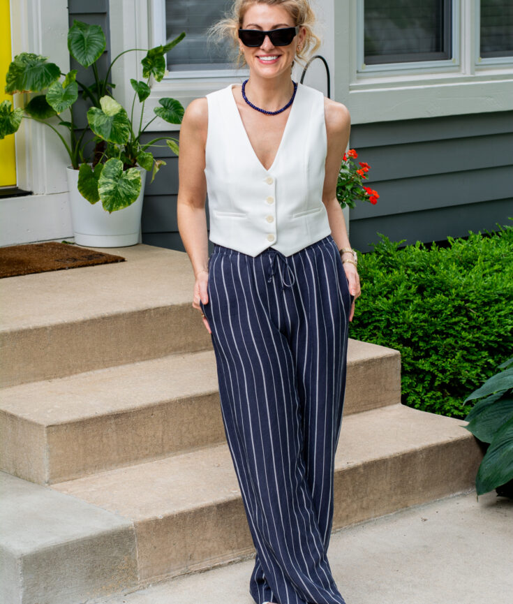 Navy Pinstripe Wide-leg Linen Trousers.