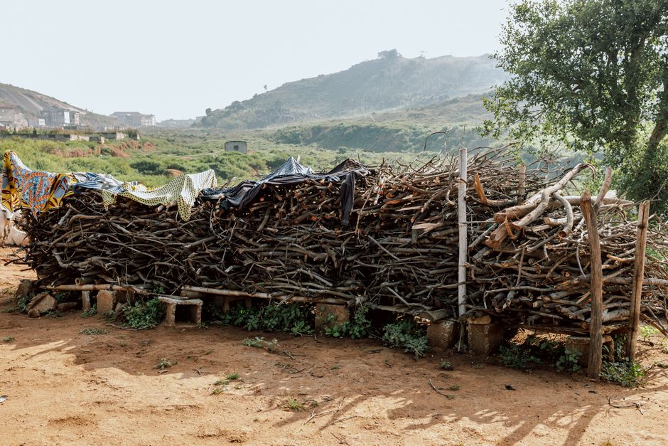 A large pile of logs in a rural landscape, covered with cloth, under sunny weather.