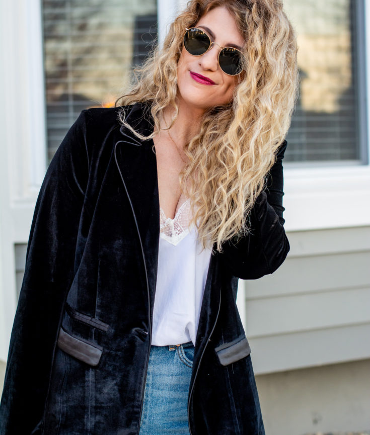 Another Velvet Blazer with Wide-leg Jeans.
