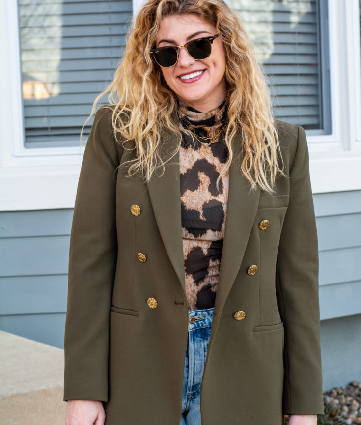 Olive Green Blazer, Leopard Turtleneck + Sneakers.