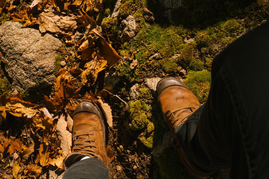 Overhead view of crop anonymous traveler in leather shoes standing on dry terrain with autumn foliage